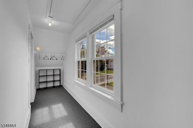 interior space with baseboards, attic access, and dark floors