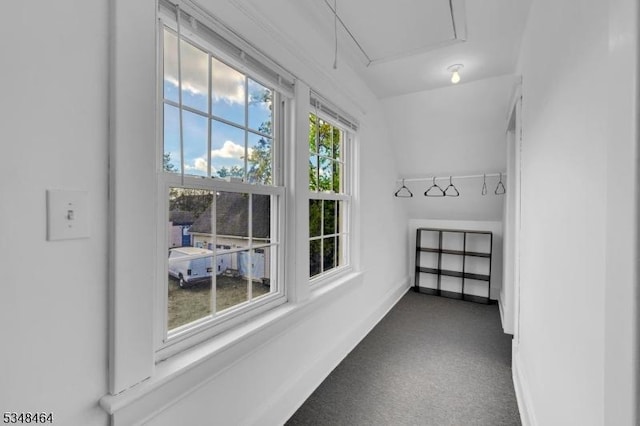 interior space with attic access and dark colored carpet