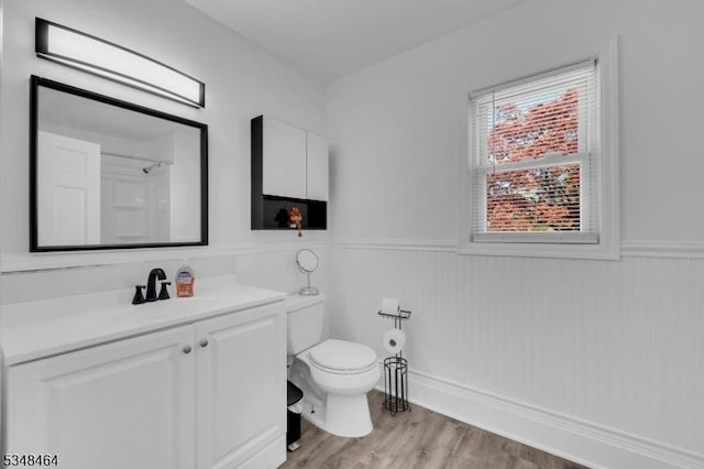 bathroom with vanity, wainscoting, toilet, and wood finished floors