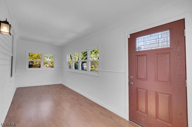 entryway with baseboards and wood finished floors