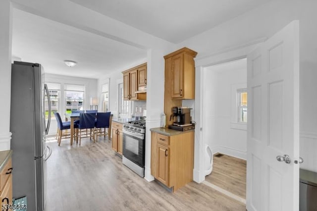 kitchen with light wood-type flooring, appliances with stainless steel finishes, under cabinet range hood, and brown cabinets