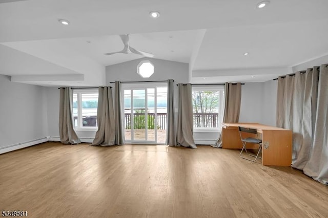 677 Warwick Tpke, West Milford Twp, NJ 07421 - living room with light wood-style flooring, lofted ceiling, a ceiling fan, recessed lighting, and an office area