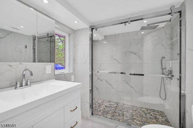 677 Warwick Tpke, West Milford Twp, NJ 07421 - bathroom featuring a marble finish shower, vanity, toilet, and recessed lighting