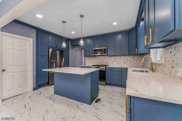 63 S Lincoln Ave, Washington Boro, NJ 07882 - kitchen featuring blue cabinetry, marble finish floor, light stone countertops, and stainless steel appliances