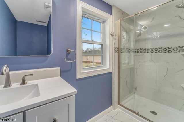63 S Lincoln Ave, Washington Boro, NJ 07882 - full bathroom with visible vents, baseboards, vanity, a marble finish shower, and marble finish floor