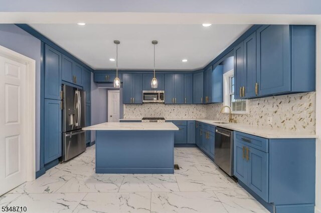 63 S Lincoln Ave, Washington Boro, NJ 07882 - kitchen featuring a sink, a kitchen island, stainless steel appliances, marble finish floor, and blue cabinets