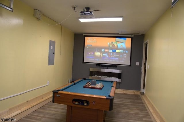 playroom with baseboards, billiards, wood finished floors, and electric panel