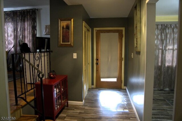 hallway featuring wood finished floors, baseboards, and plenty of natural light