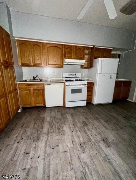 237 Warren St, Paterson City, NJ 07524 - kitchen with white appliances, dark wood-style flooring, ceiling fan, range hood, and light countertops
