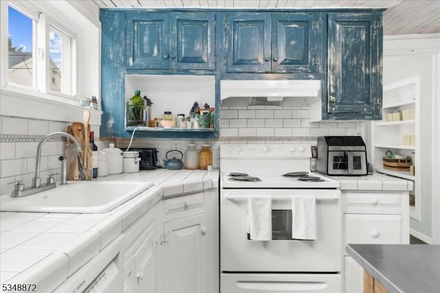 97 N Main St, Lambertville City, NJ 08530 - kitchen with tile countertops, exhaust hood, open shelves, white range with electric stovetop, and a sink