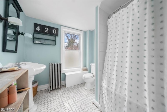 97 N Main St, Lambertville City, NJ 08530 - full bathroom featuring toilet, radiator heating unit, curtained shower, and a sink