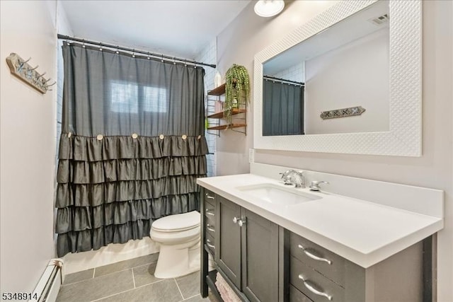 bathroom with vanity, visible vents, toilet, tile patterned floors, and a baseboard heating unit