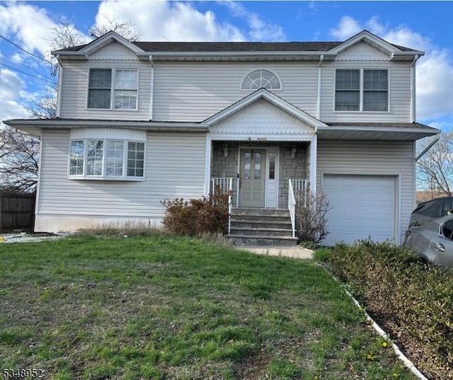 traditional-style house with an attached garage, a front lawn, and a porch