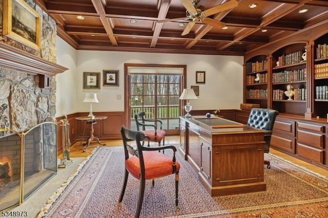 2 Queens Ct, Mendham Twp, NJ 07960 - office area with a fireplace, crown molding, wainscoting, ceiling fan, and recessed lighting