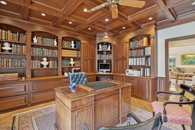 2 Queens Ct, Mendham Twp, NJ 07960 - home office featuring light wood-type flooring, a ceiling fan, coffered ceiling, built in shelves, and recessed lighting