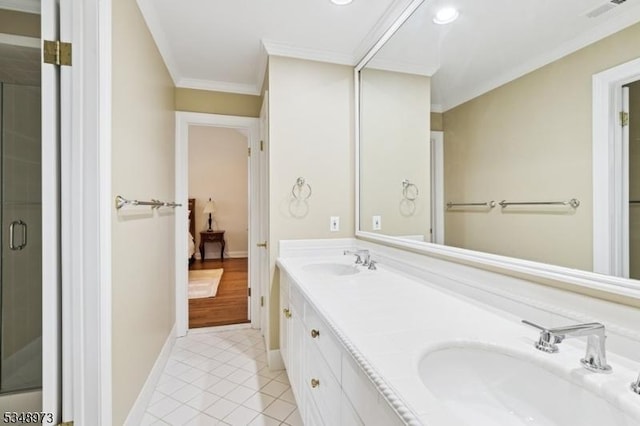 2 Queens Ct, Mendham Twp, NJ 07960 - full bath featuring ornamental molding, a shower stall, double vanity, tile patterned flooring, and recessed lighting