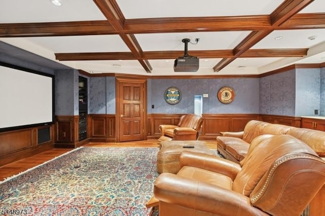 2 Queens Ct, Mendham Twp, NJ 07960 - cinema room featuring coffered ceiling, wood finished floors, wainscoting, and beam ceiling