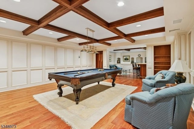 2 Queens Ct, Mendham Twp, NJ 07960 - recreation room with billiards, coffered ceiling, light wood-type flooring, beamed ceiling, and a decorative wall