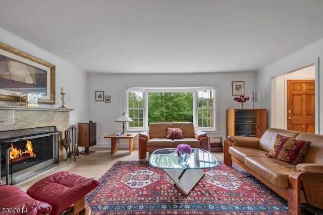 84 Burnham Pkwy, Morris Twp, NJ 07960 - living area featuring a premium fireplace and crown molding