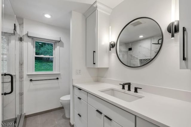 84 Burnham Pkwy, Morris Twp, NJ 07960 - bathroom featuring vanity, a marble finish shower, tile patterned flooring, and recessed lighting