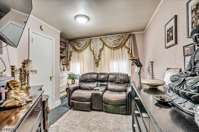 carpeted living area featuring crown molding