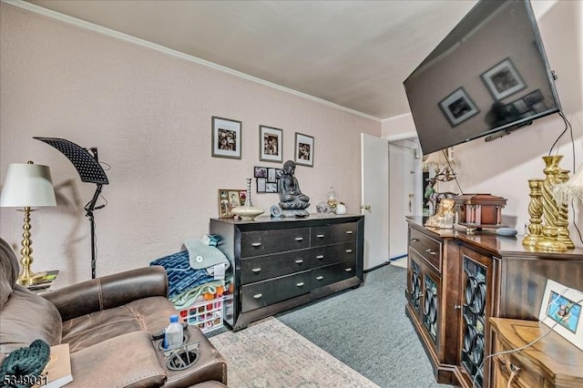 living room featuring crown molding and carpet floors