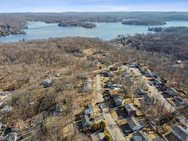 drone / aerial view featuring a water view and a view of trees