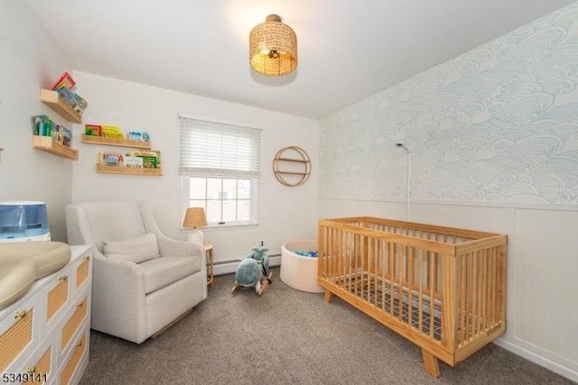 107 S Maple, Park Ridge Boro, NJ 07656 - carpeted bedroom with a baseboard radiator, a crib, and wainscoting