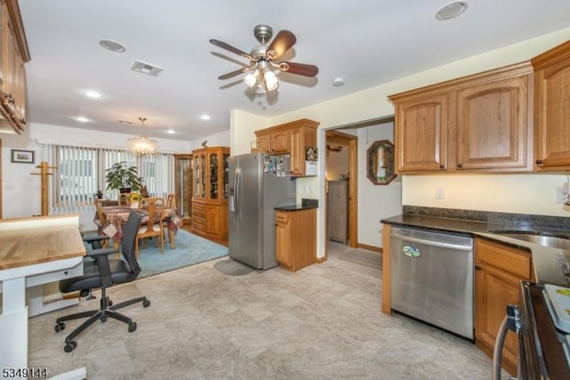 11 Stillwell Rd, South Brunswick Twp, NJ 08824 - kitchen featuring appliances with stainless steel finishes, brown cabinets, a ceiling fan, recessed lighting, and pendant lighting