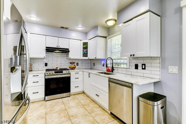 688 S 18th St, Newark City, NJ 07103 - kitchen featuring appliances with stainless steel finishes, under cabinet range hood, a sink, decorative backsplash, and white cabinetry