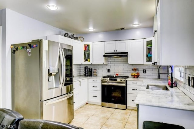 688 S 18th St, Newark City, NJ 07103 - kitchen with appliances with stainless steel finishes, under cabinet range hood, a sink, decorative backsplash, and light stone counters