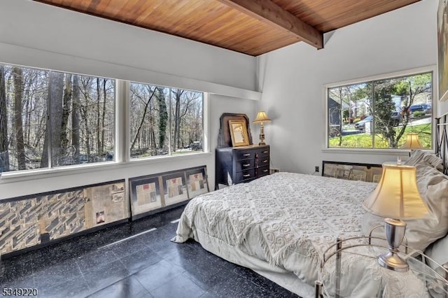 bedroom with wood ceiling and beamed ceiling