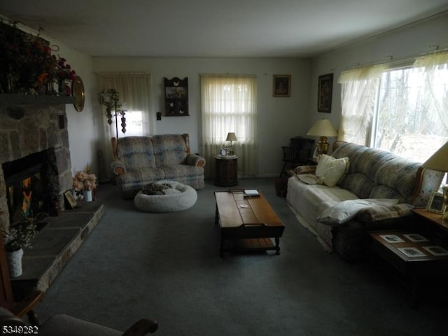 1668 County Rd 565, Vernon Twp, NJ 07461 - living area with healthy amount of natural light, a stone fireplace, and carpet