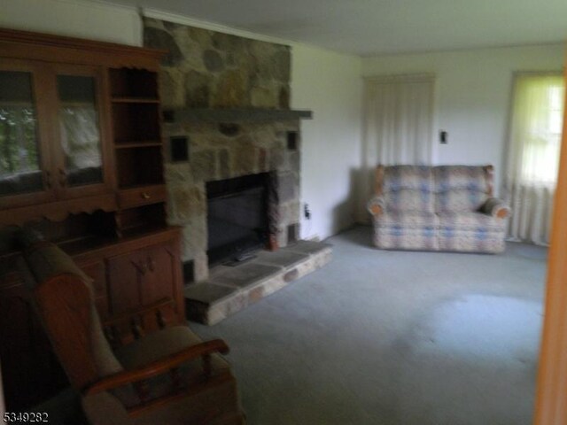 1668 County Rd 565, Vernon Twp, NJ 07461 - living area featuring light colored carpet and a stone fireplace