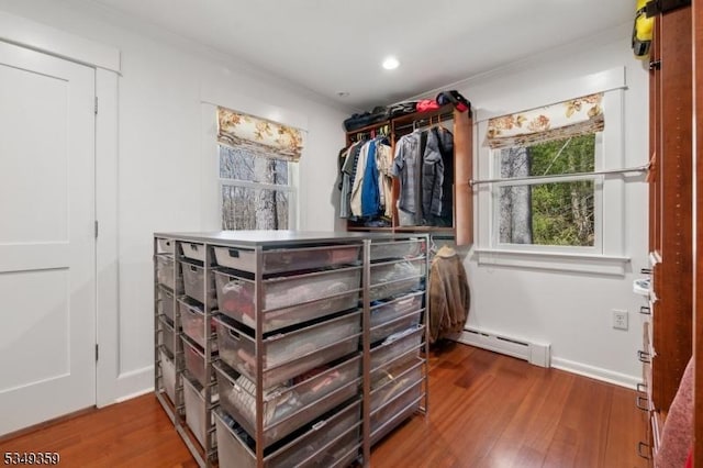 walk in closet featuring wood finished floors and baseboard heating