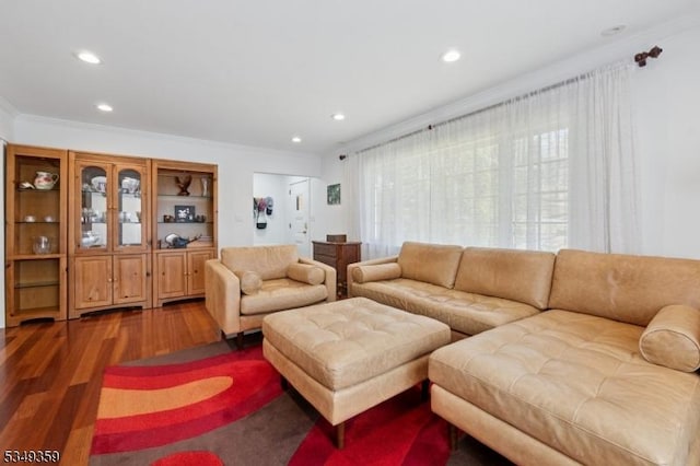 living room with crown molding, recessed lighting, and wood finished floors
