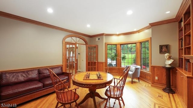 24 Glenview Dr, Warren Twp, NJ 07059 - dining room featuring a wainscoted wall, french doors, recessed lighting, light wood-type flooring, and crown molding