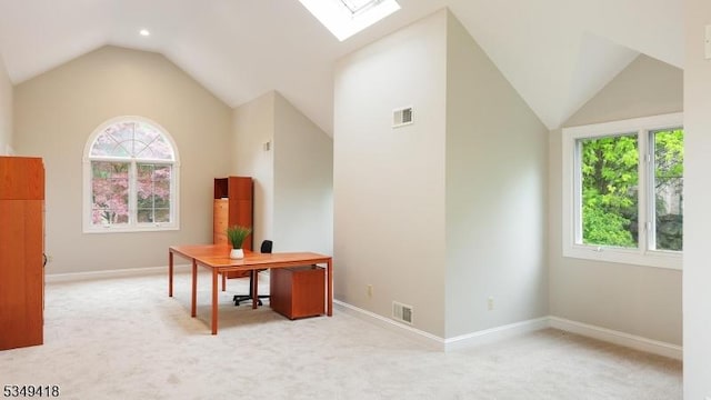 24 Glenview Dr, Warren Twp, NJ 07059 - unfurnished office featuring lofted ceiling, a skylight, light colored carpet, baseboards, and recessed lighting