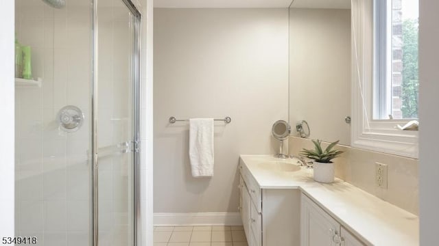 24 Glenview Dr, Warren Twp, NJ 07059 - bathroom with a stall shower, vanity, tile patterned floors, and baseboards
