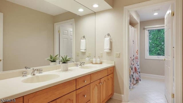 24 Glenview Dr, Warren Twp, NJ 07059 - full bathroom featuring double vanity, baseboards, tile patterned floors, recessed lighting, and a shower with curtain