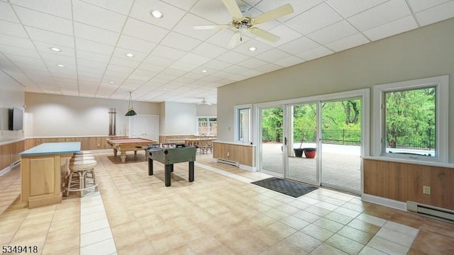 24 Glenview Dr, Warren Twp, NJ 07059 - playroom with billiards, wainscoting, a ceiling fan, recessed lighting, and wooden walls