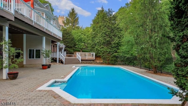 24 Glenview Dr, Warren Twp, NJ 07059 - swimming pool featuring a wooden deck, a patio, and stairway