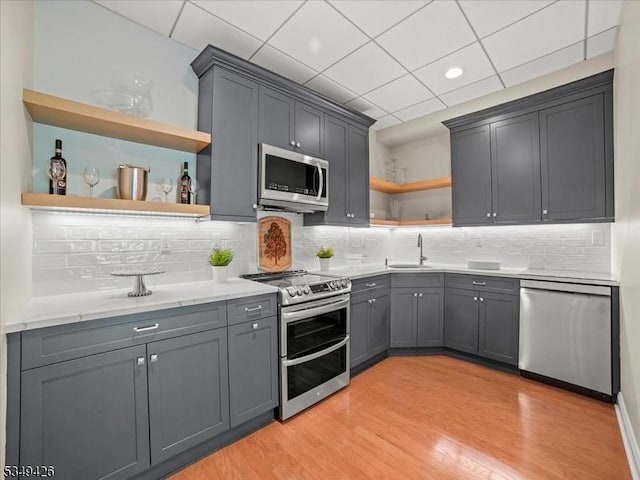 kitchen with open shelves, tasteful backsplash, a sink, light wood-style flooring, and appliances with stainless steel finishes