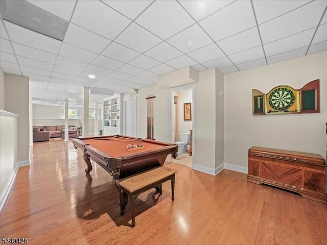 game room featuring baseboards, a drop ceiling, and billiards