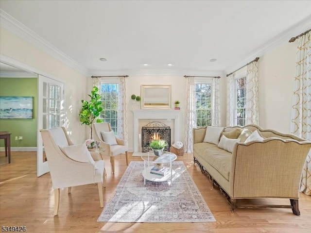 living room featuring ornamental molding, wood finished floors, and a healthy amount of sunlight