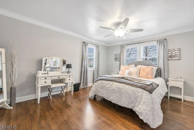 bedroom featuring wood finished floors, baseboards, and ornamental molding