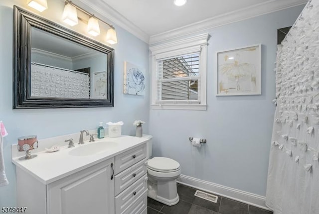full bathroom with visible vents, baseboards, ornamental molding, toilet, and vanity
