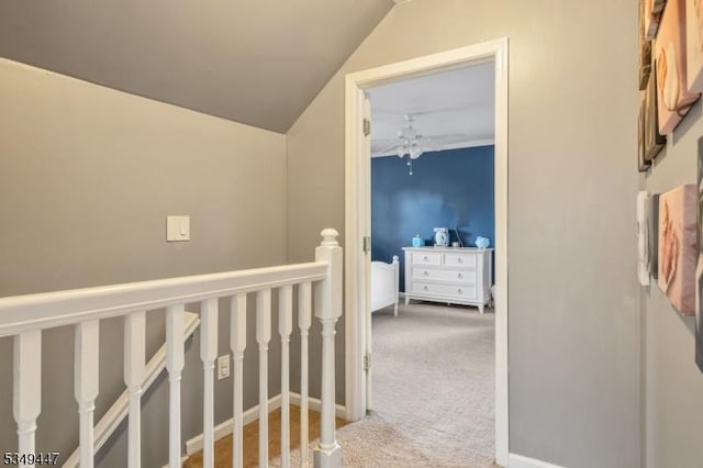hallway featuring an upstairs landing and carpet