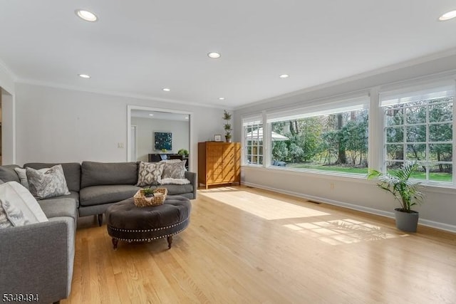 living area featuring a healthy amount of sunlight, crown molding, and light wood-style floors