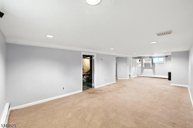 59 James St, Morristown Town, NJ 07960 - basement with baseboard heating, recessed lighting, and light carpet
